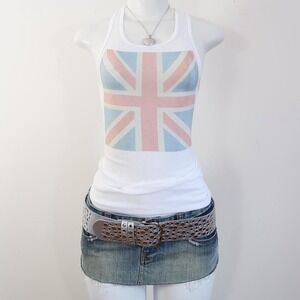 y2k union jack graphic tank white ribbed british flag baby tee size S